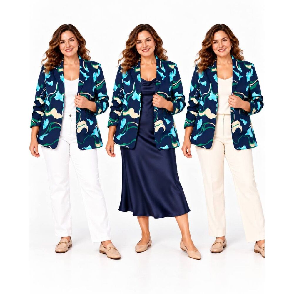 Chico’s Size 3 US 16 XL Navy Abstract Floral Blazer Jacket Artsy Statement